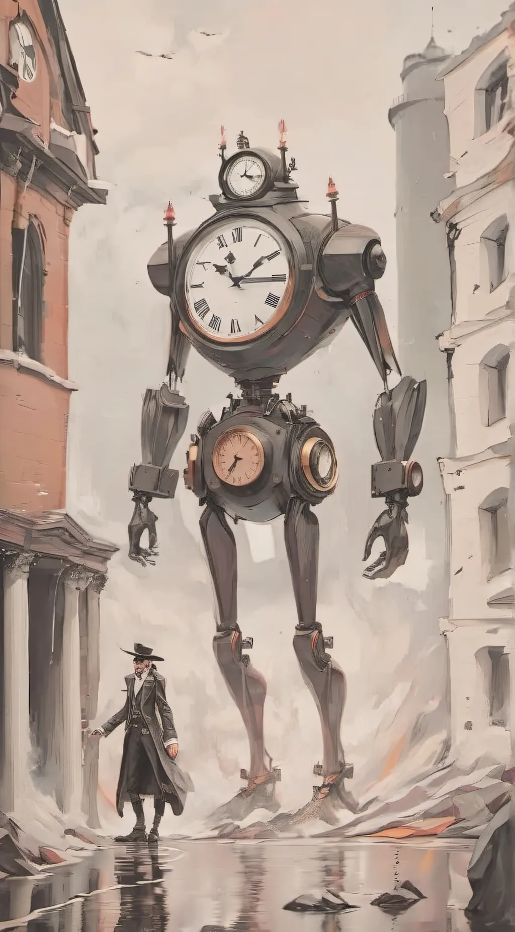 ai character: large clock man  background