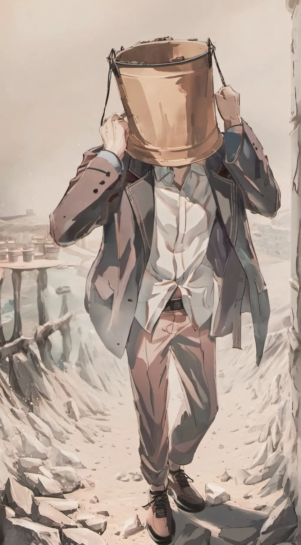 ai character: a man with bucket background