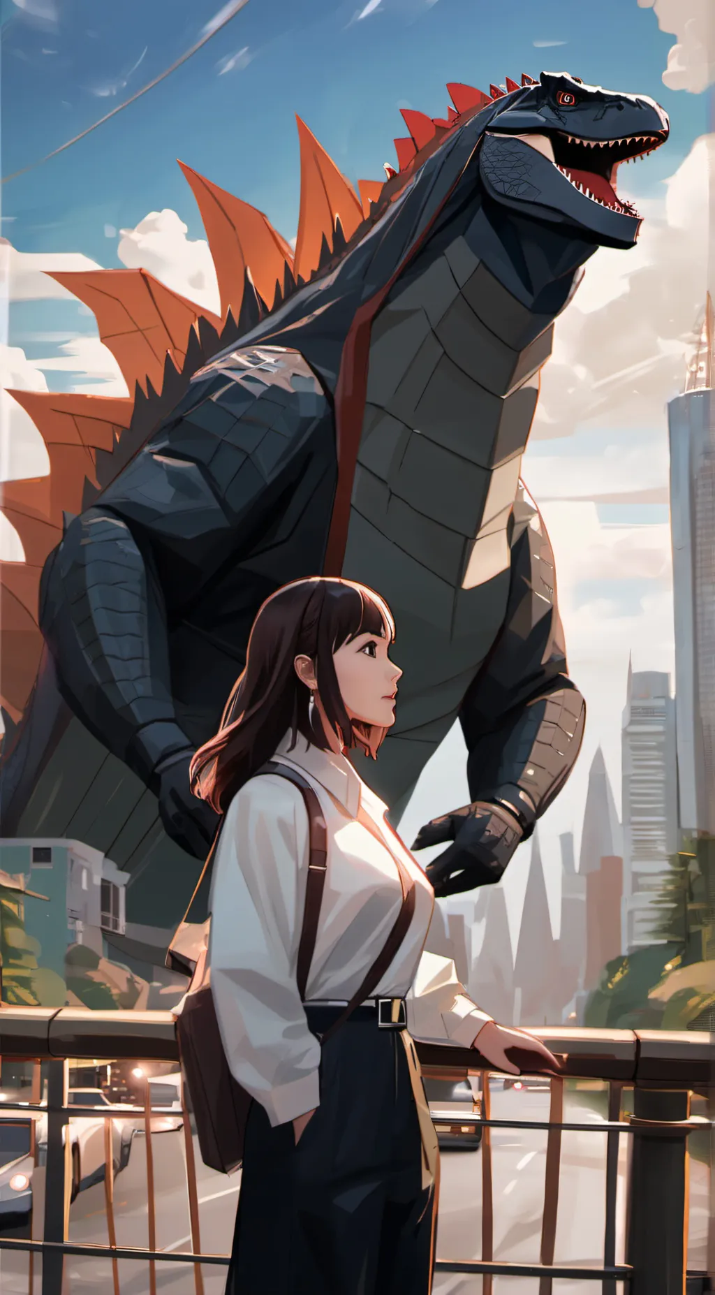 ai character: Godzilla  background