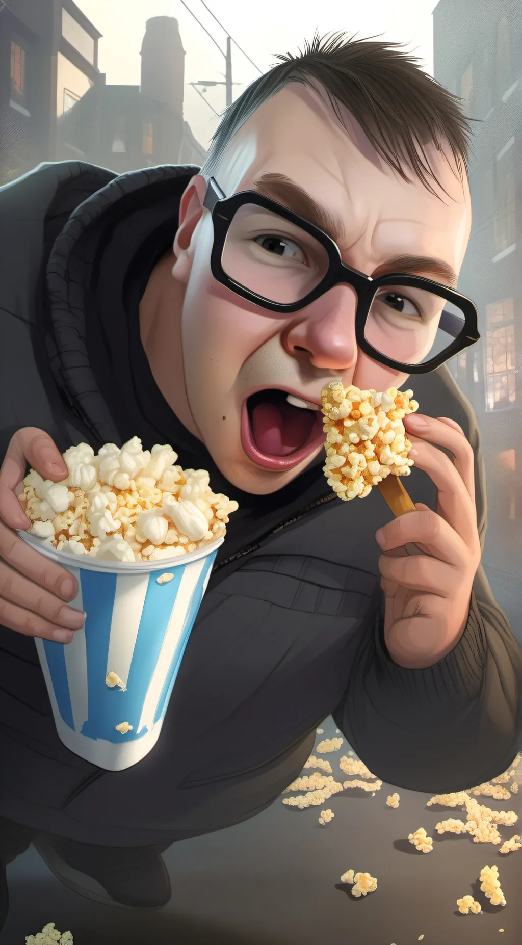 ai character: Harold w/popcorn  background