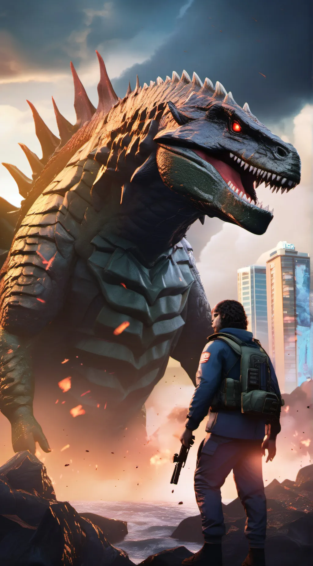 ai character: cod + Godzilla  background