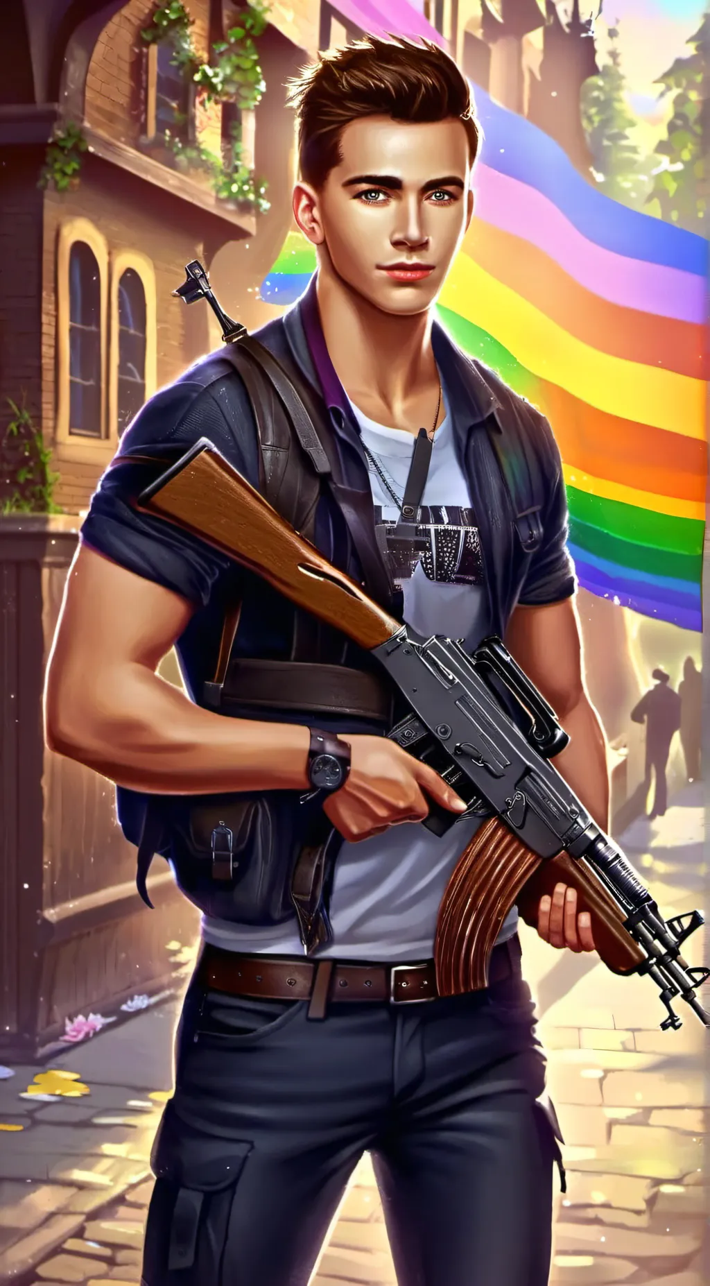 ai character: Gay guy with gun background