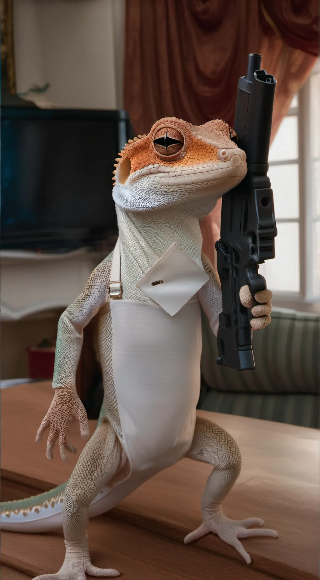 ai character: gecko with gun background