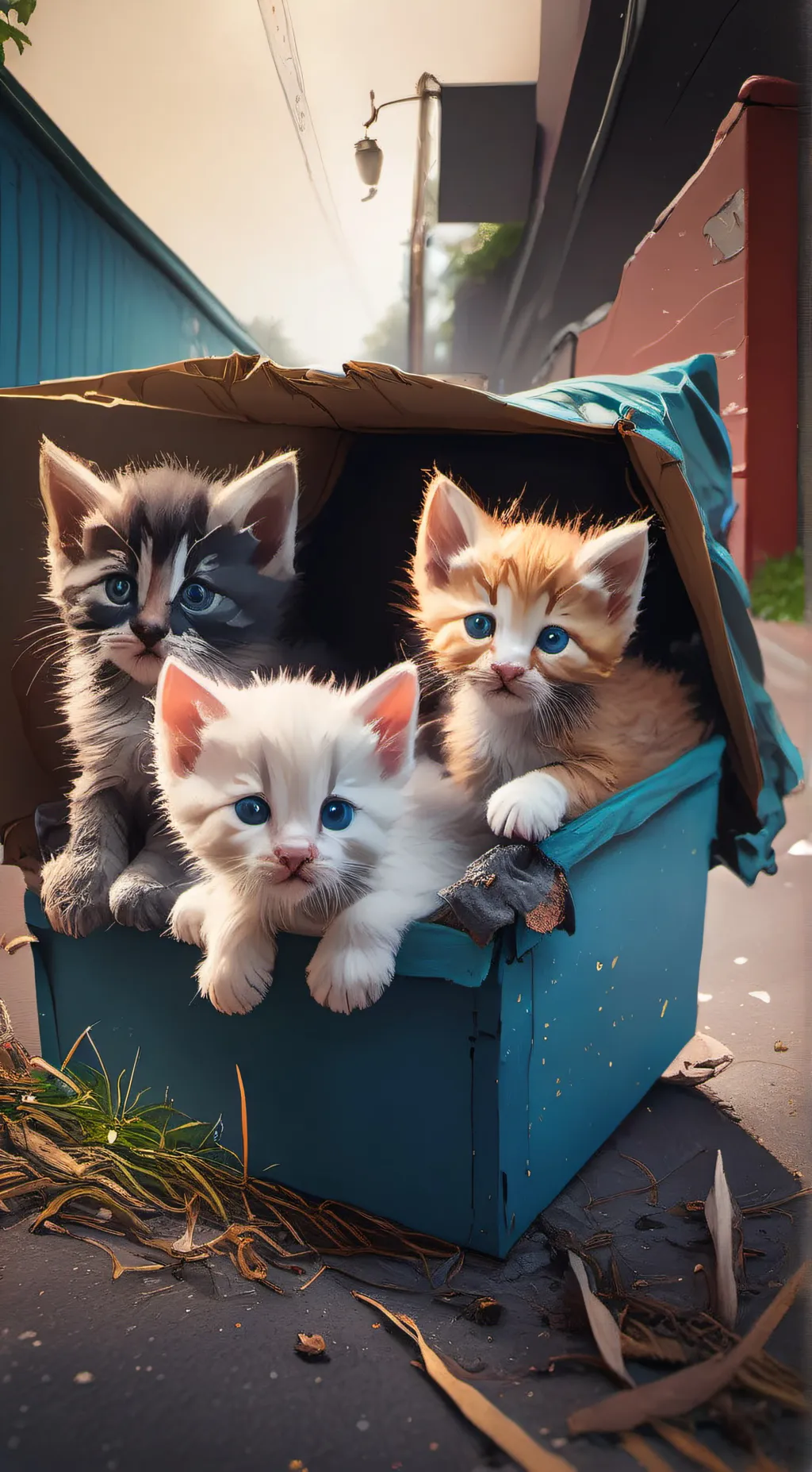 ai character: 3 homeless kittens background