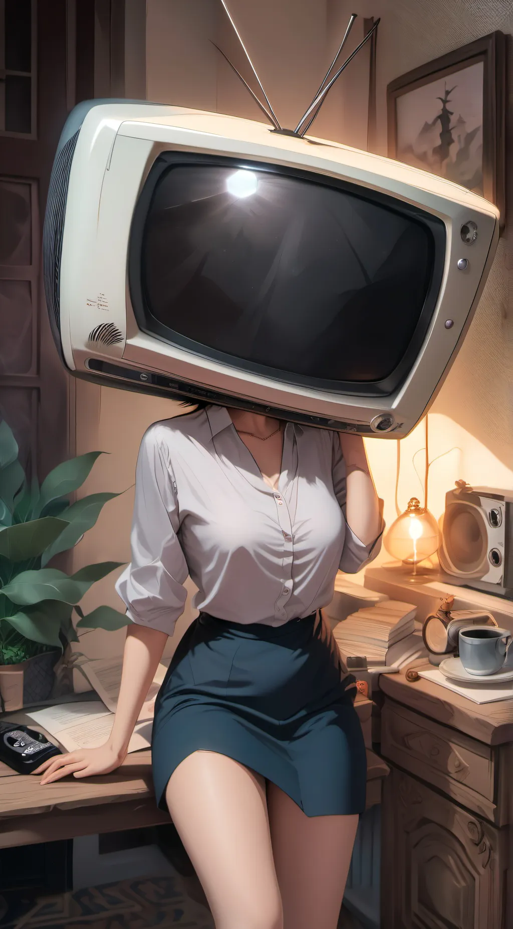 ai character: tv woman  background