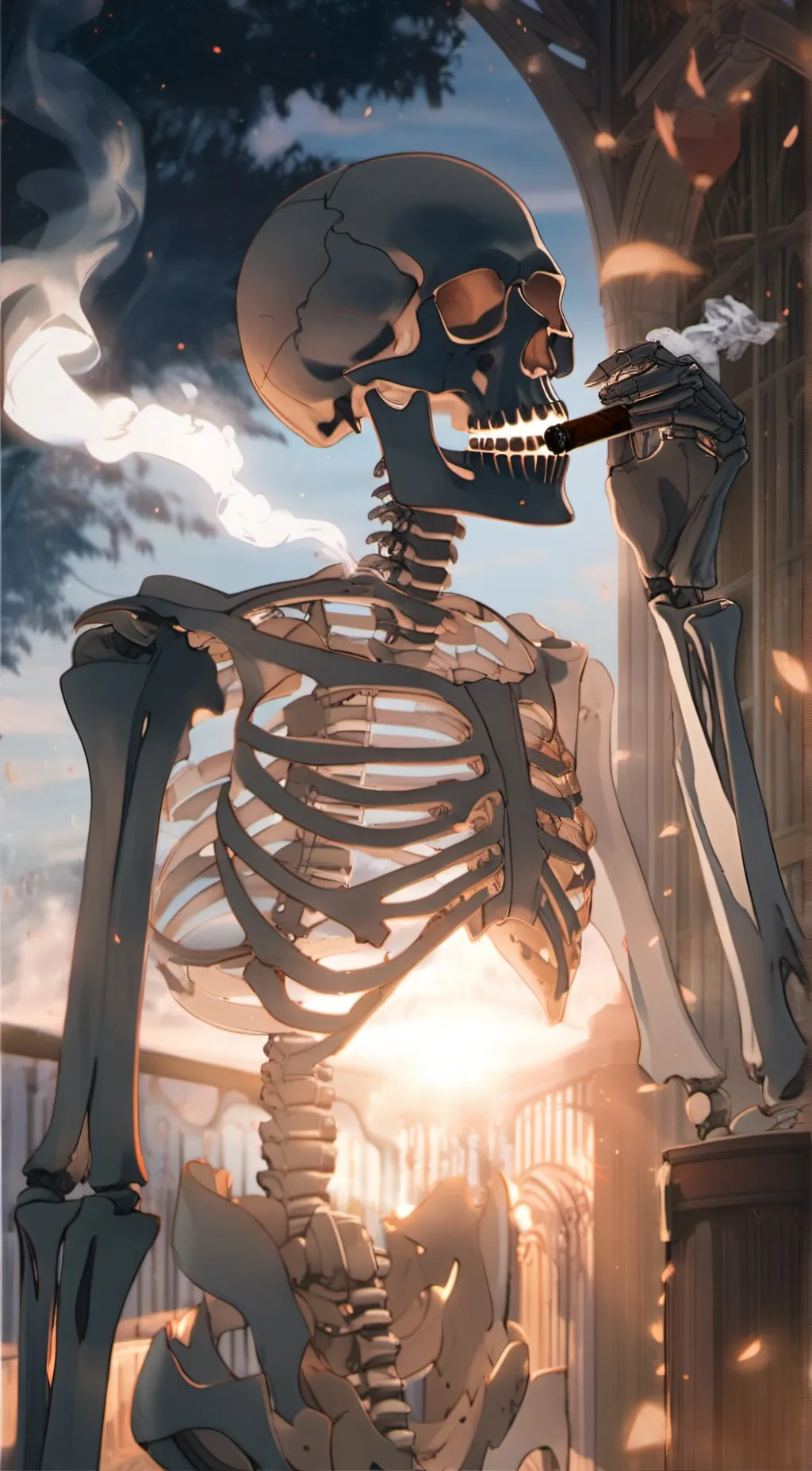 ai character: Skeleton smoking background