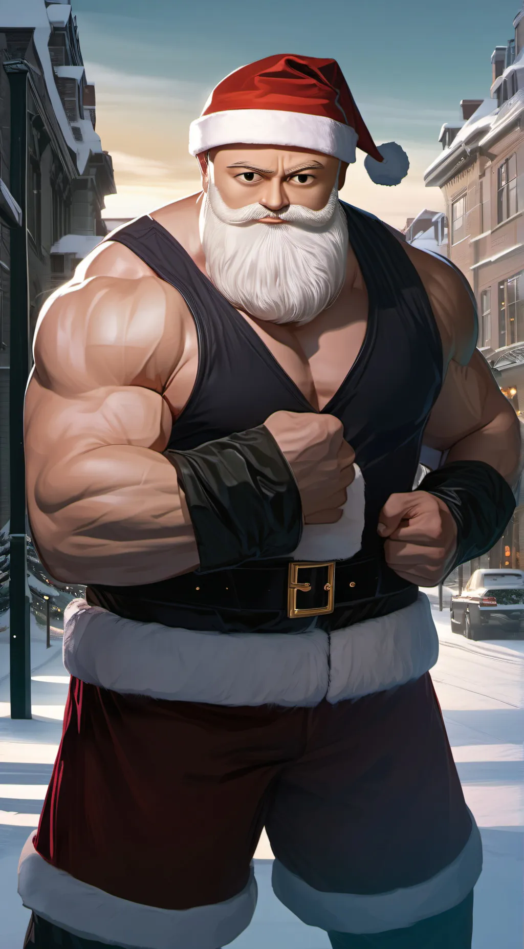 ai character: Buff Santa background