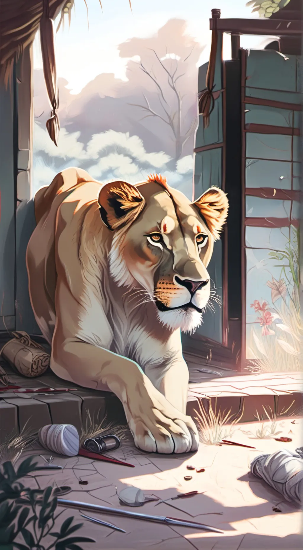 ai character: Injured lioness background