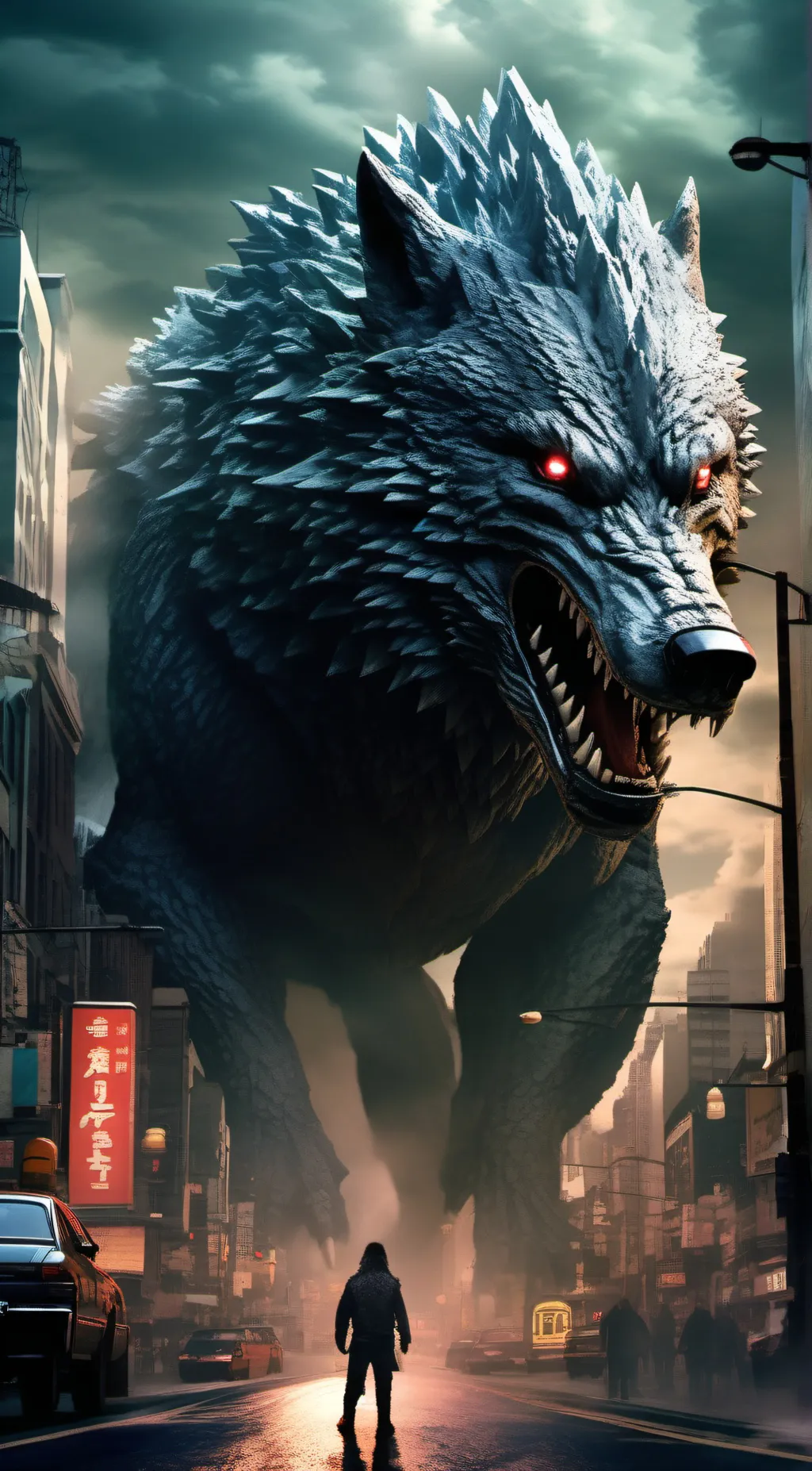 ai character: Godzilla wolf background