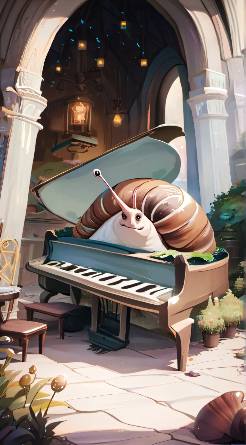 ai character: piano snail background