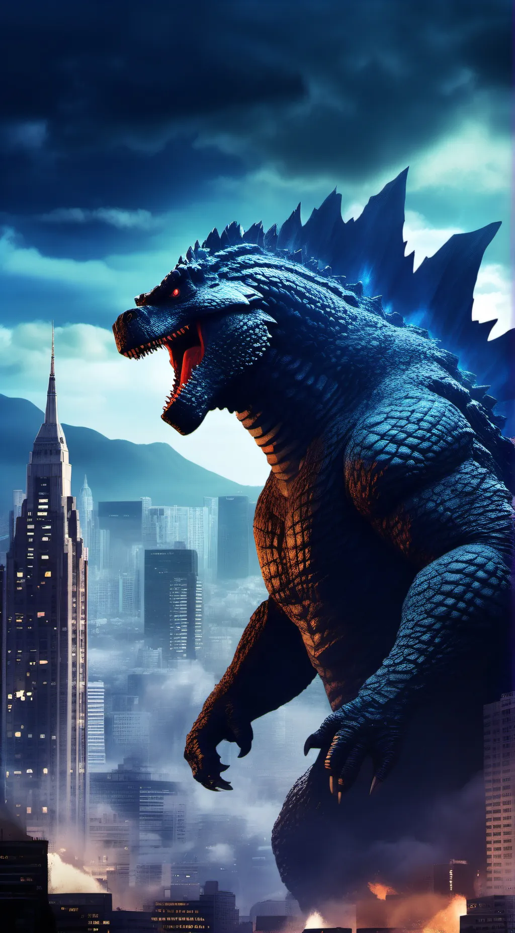 ai character: godzilla   background