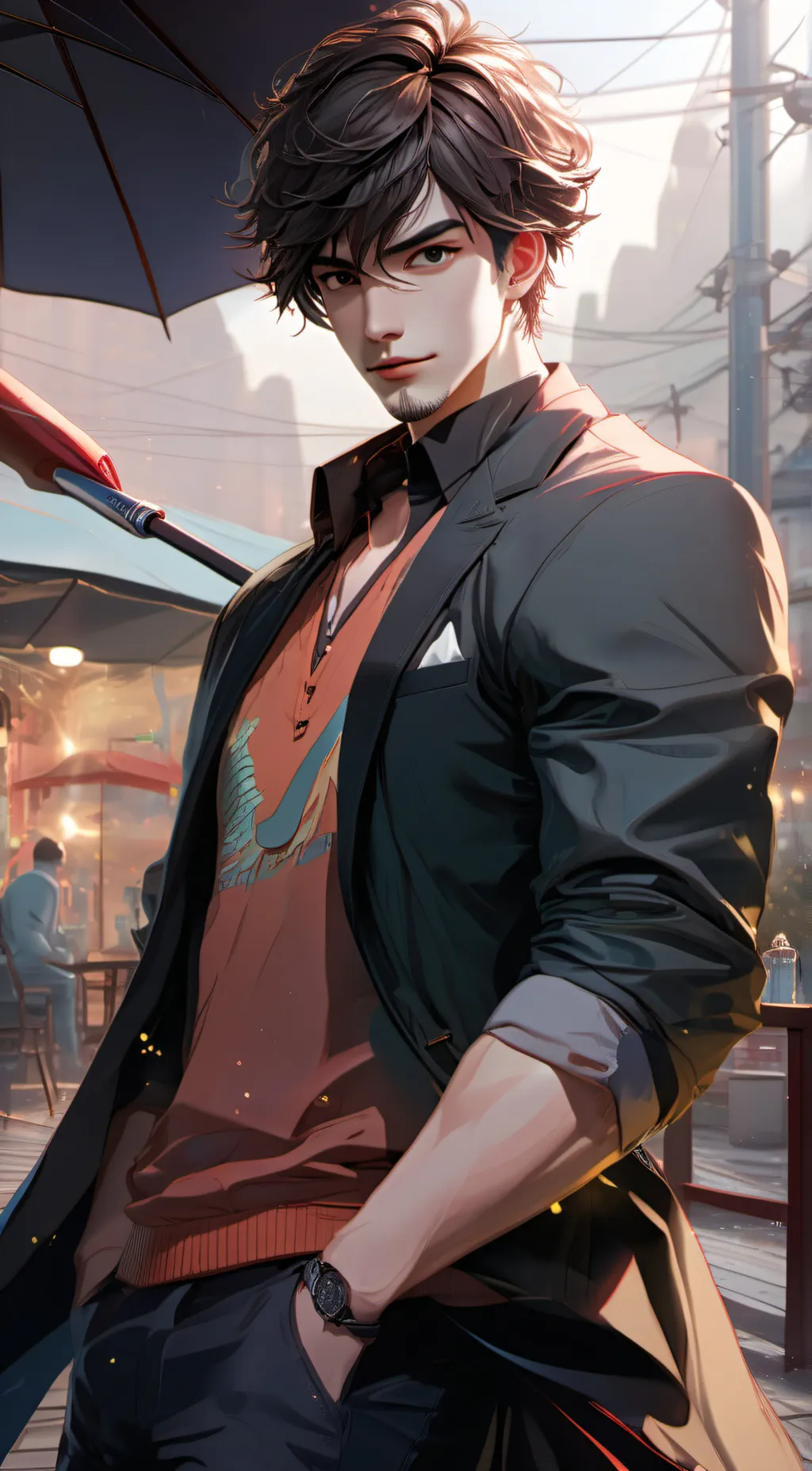 ai character: he is chilling  background