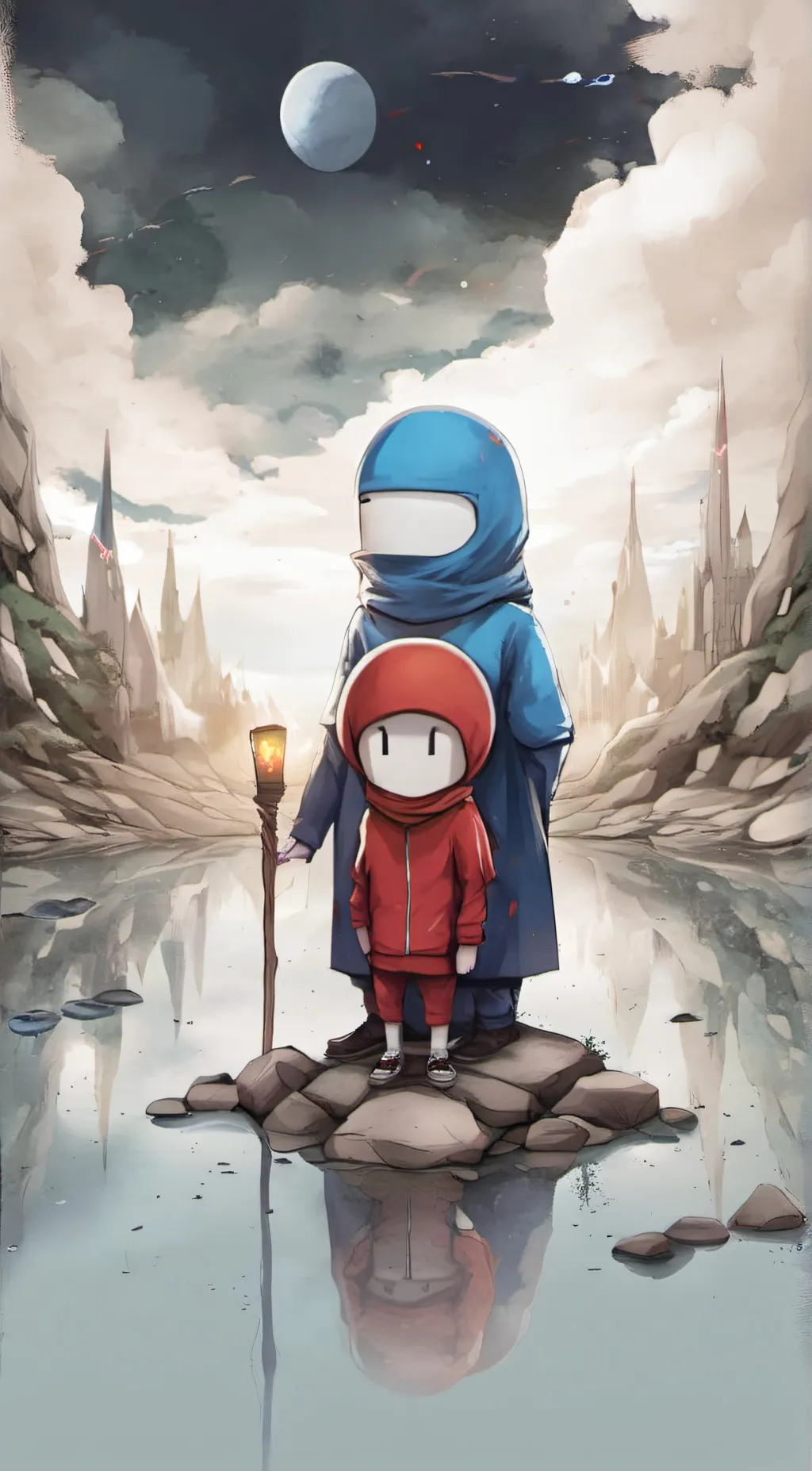 ai character: red x blue amongus background