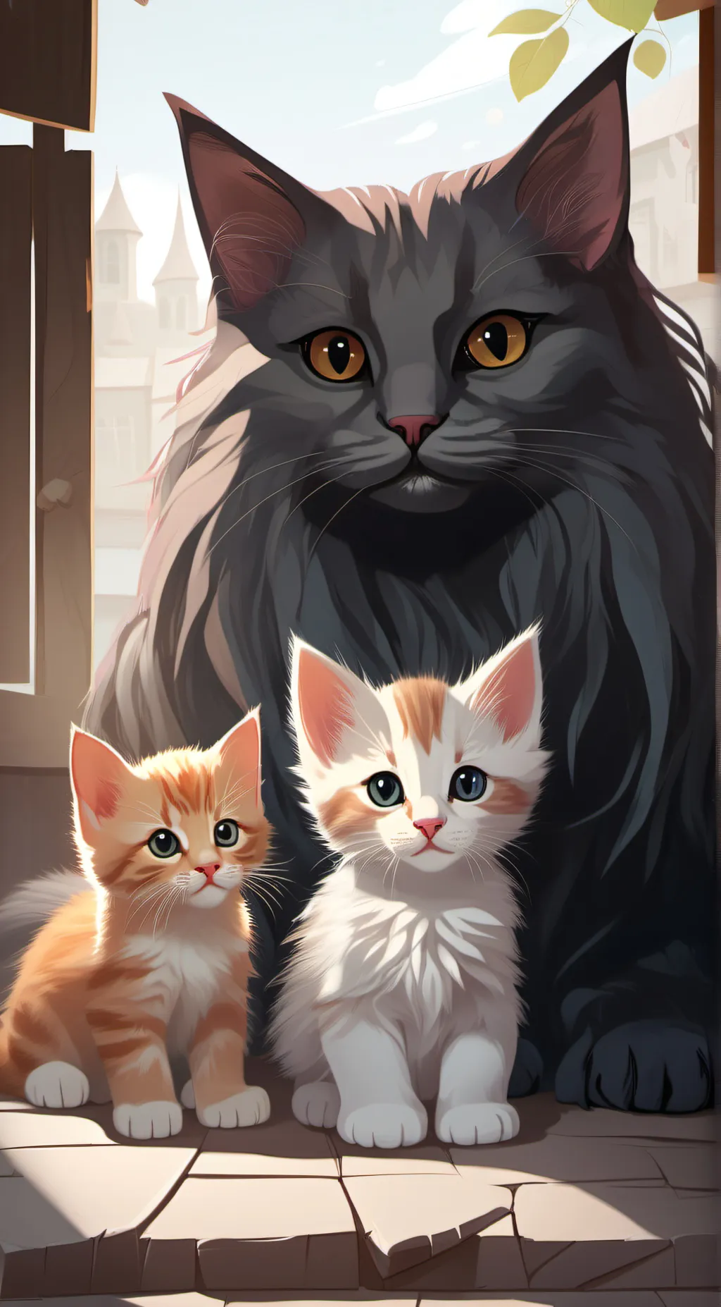 ai character: mama cat and baby background