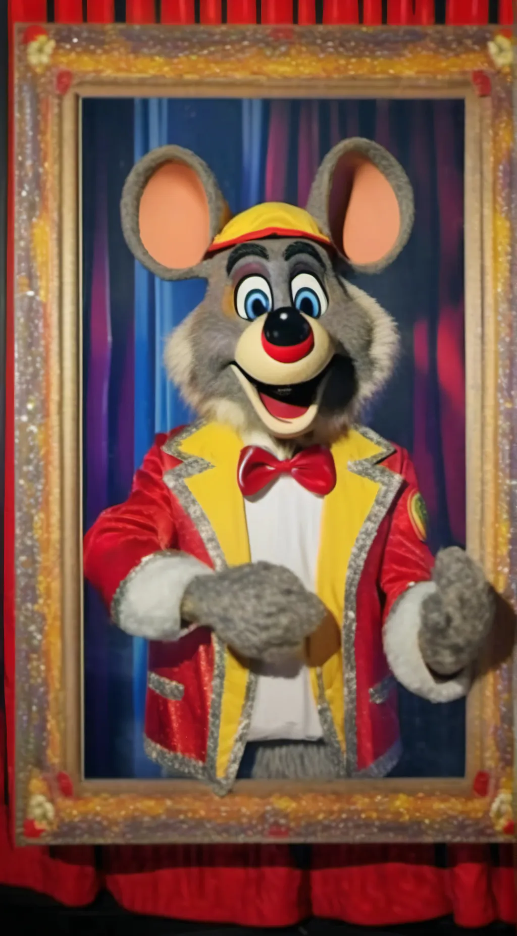 ai character: Half body chuck e  background