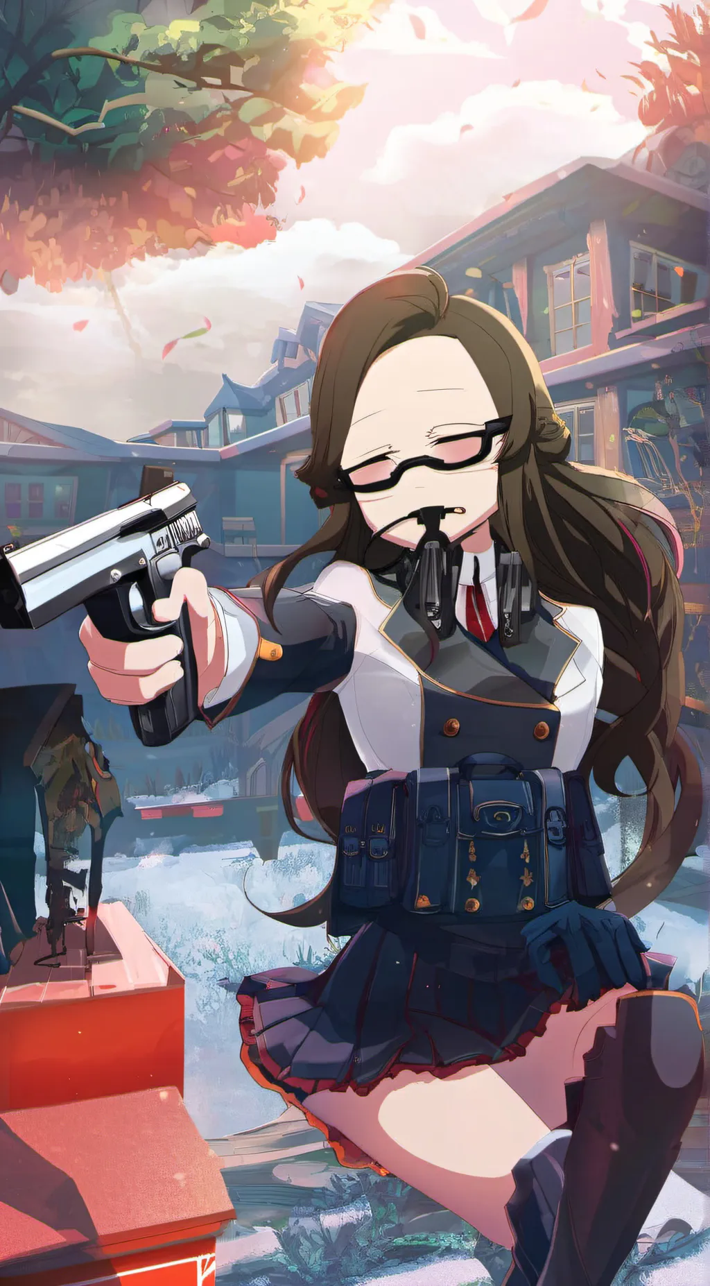 ai character: nesuko with a gun background