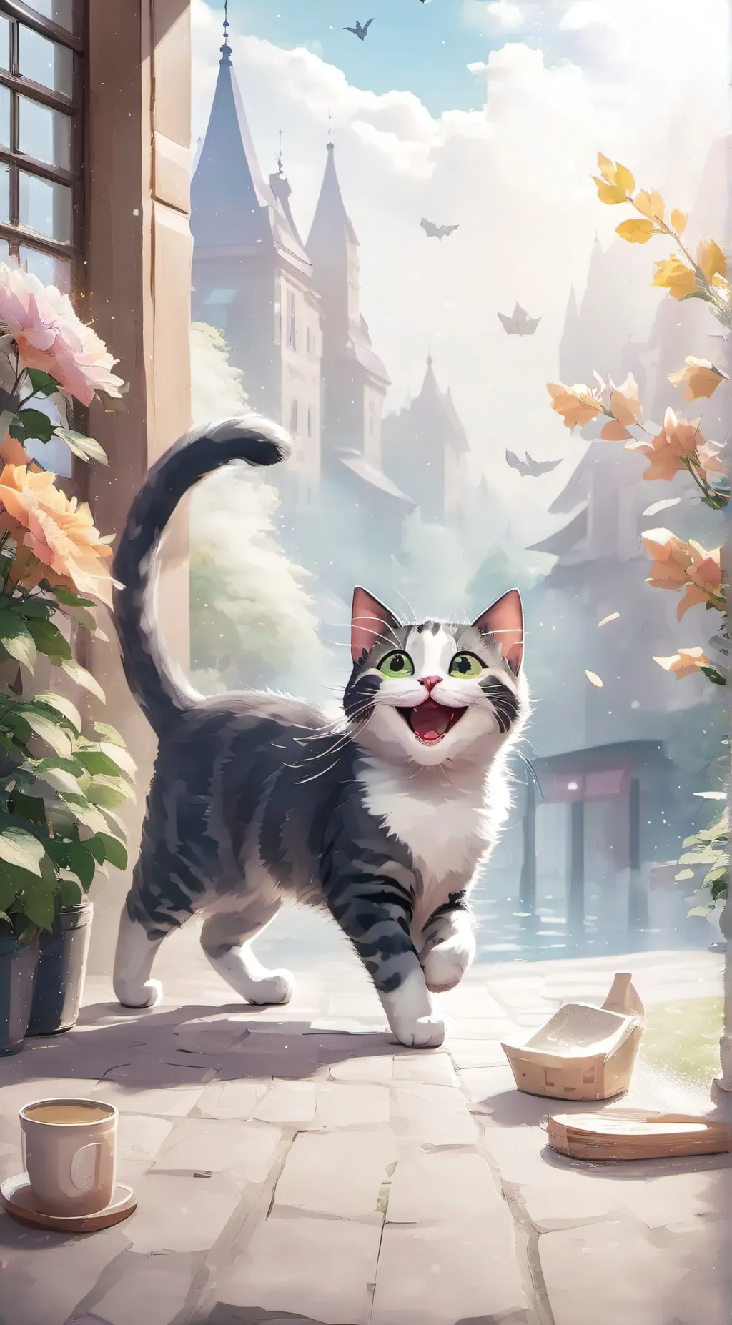 ai character: happy cat  background