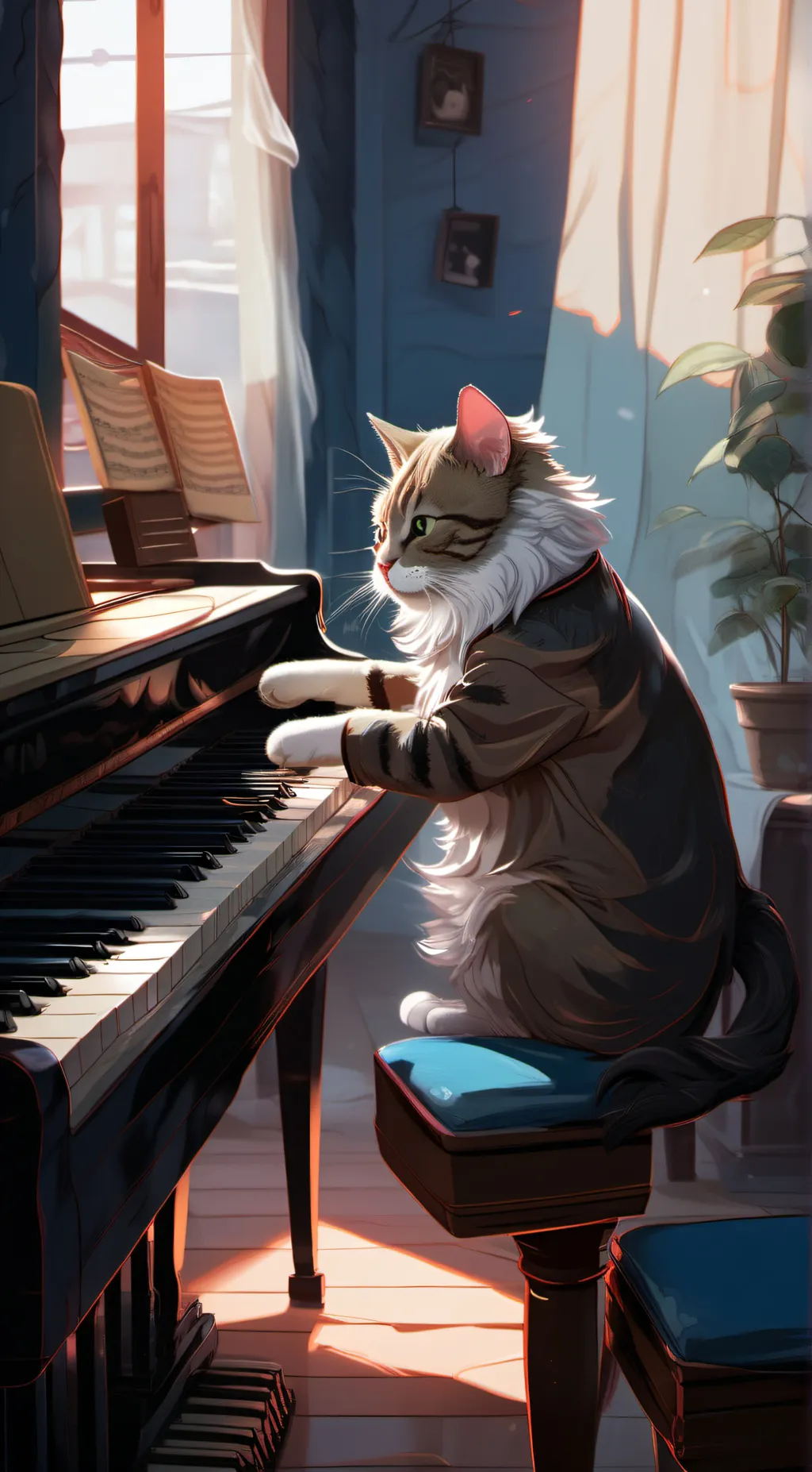 ai character: cat playing piano  background