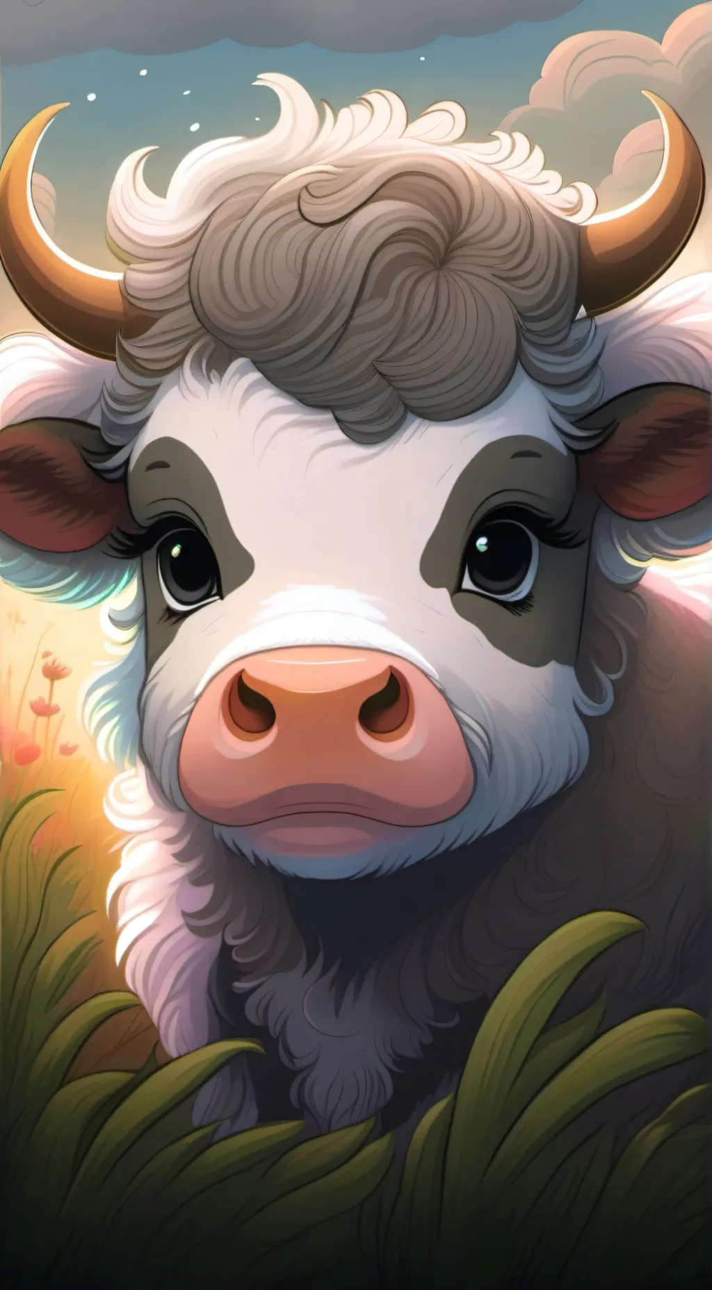 ai character: fluffy cow  background