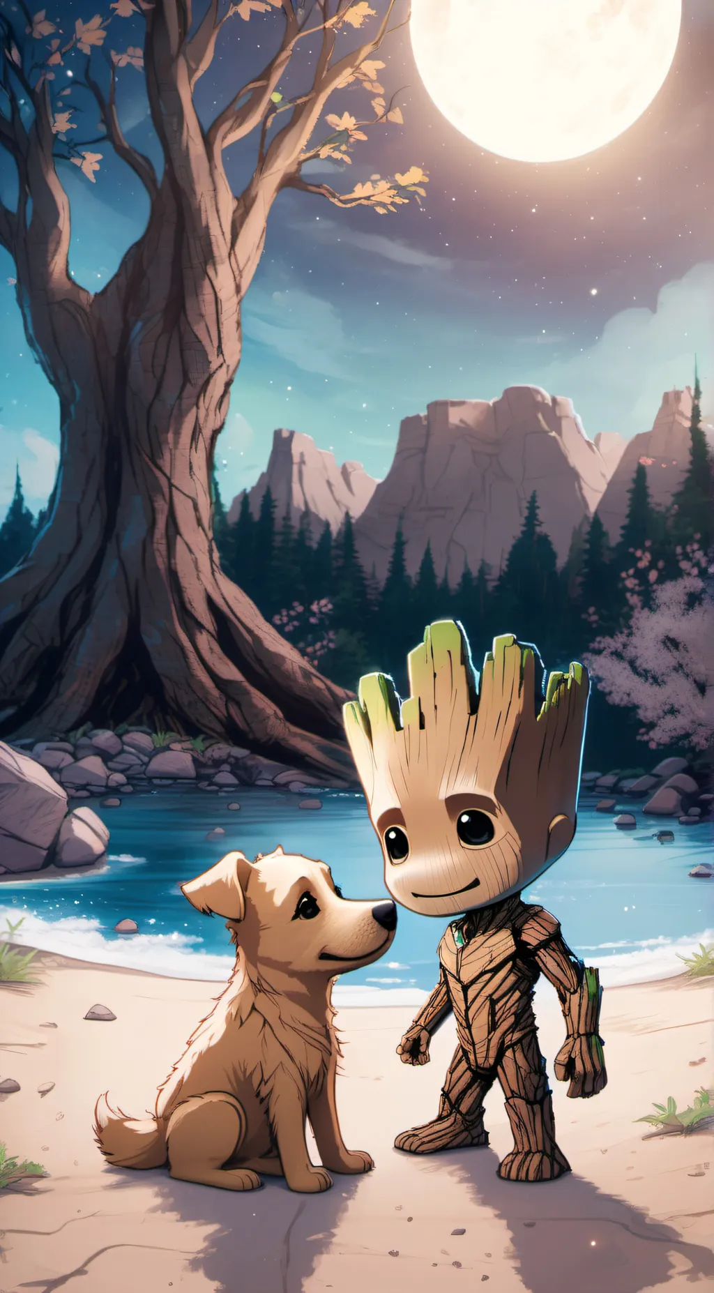 ai character: groot and cookie  background