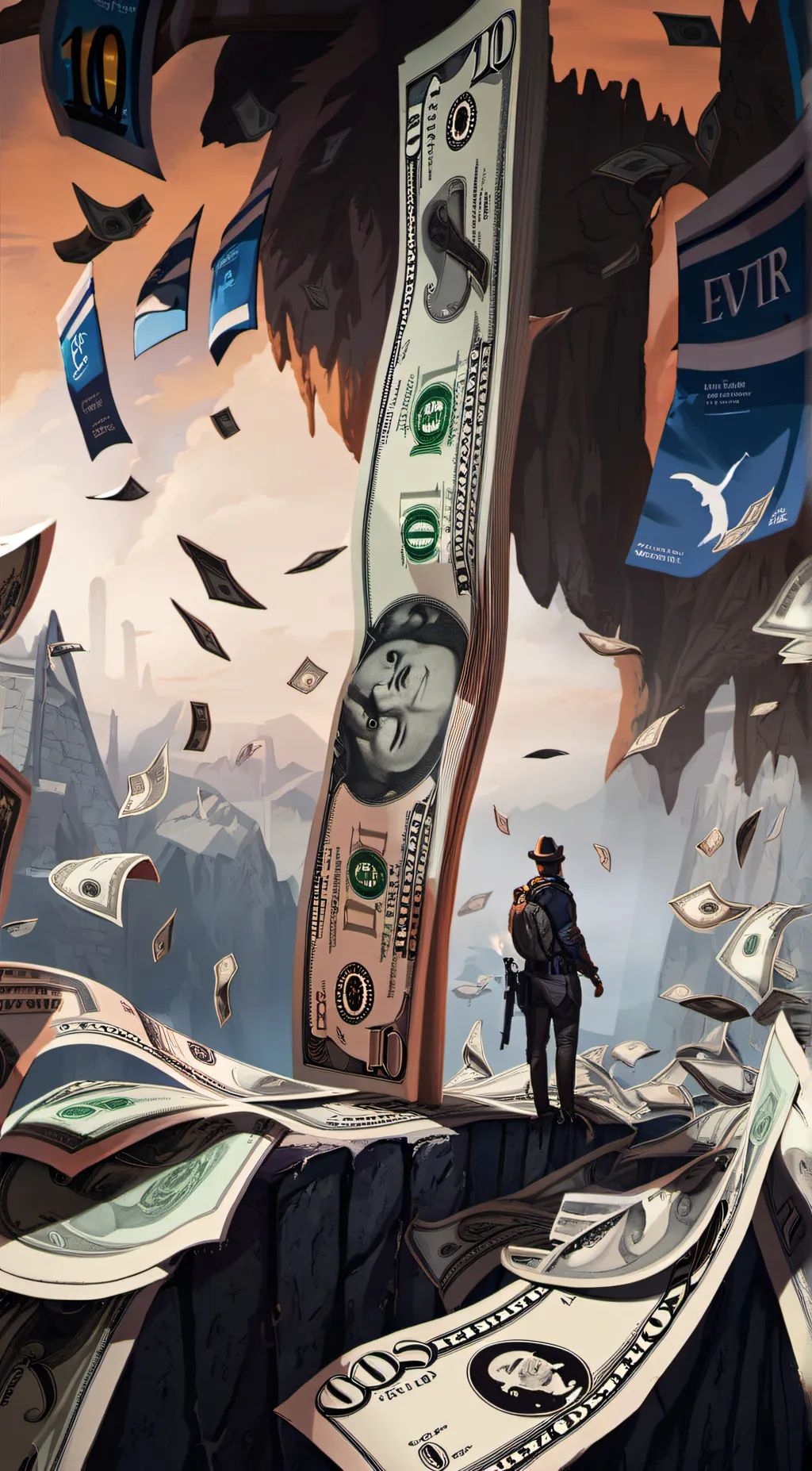 ai character: a dollar bill background