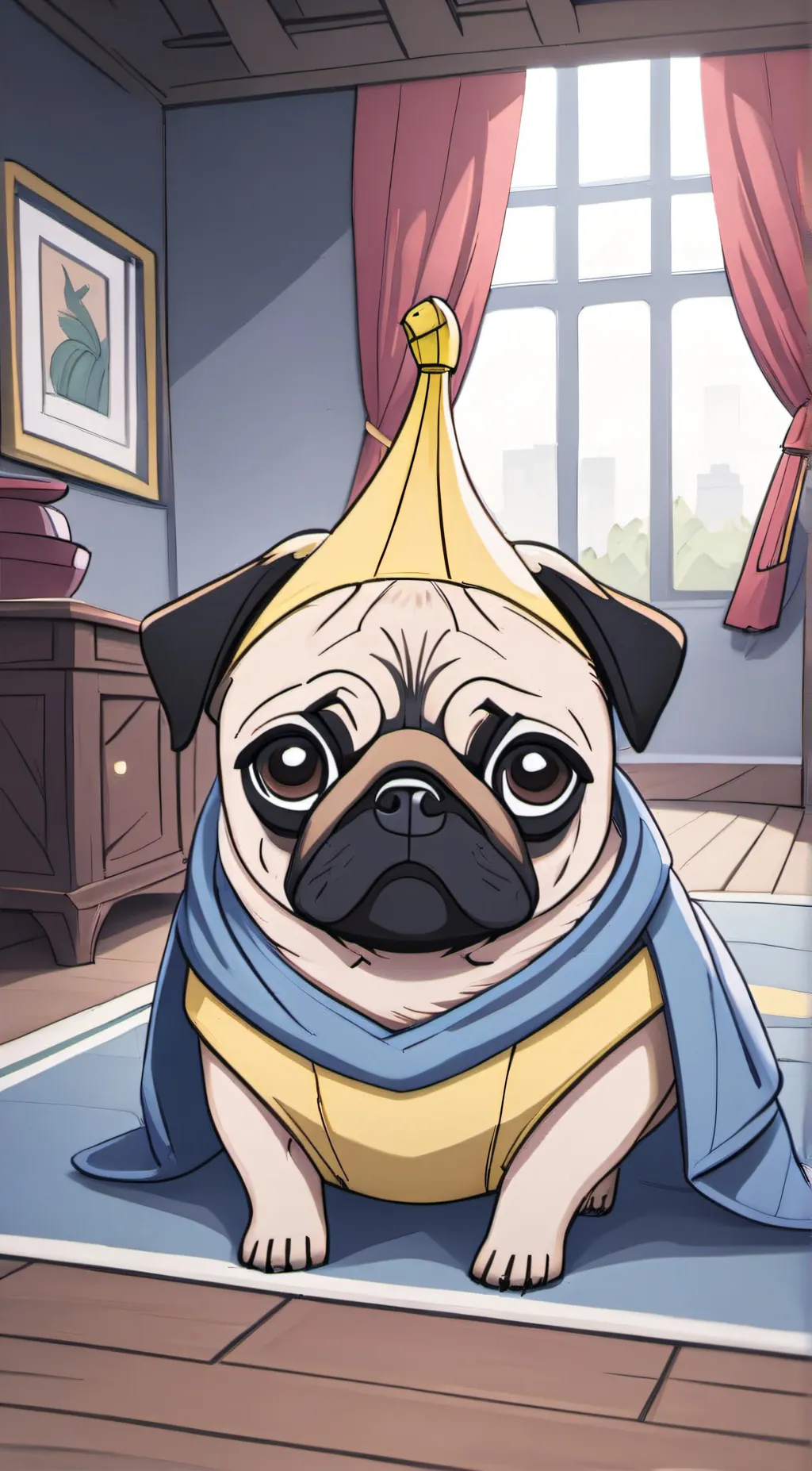 ai character: Banana Pug background