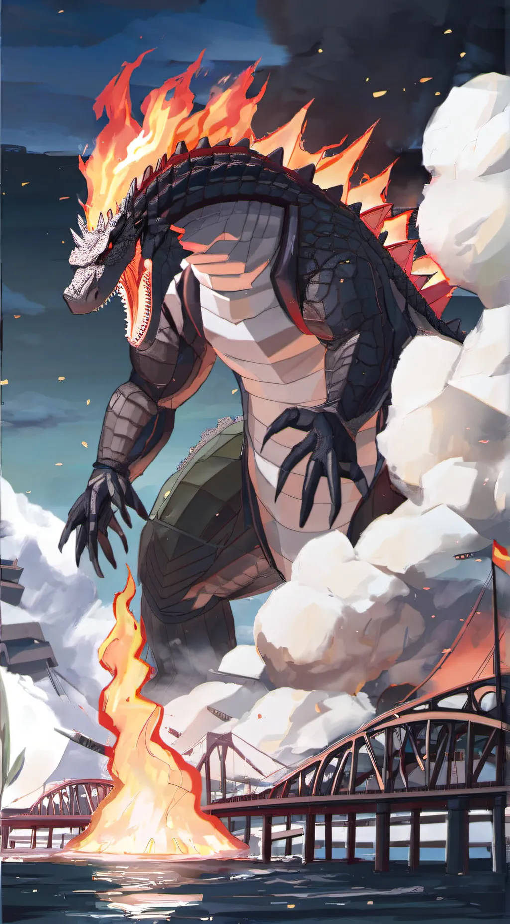 ai character: Burning gojira background