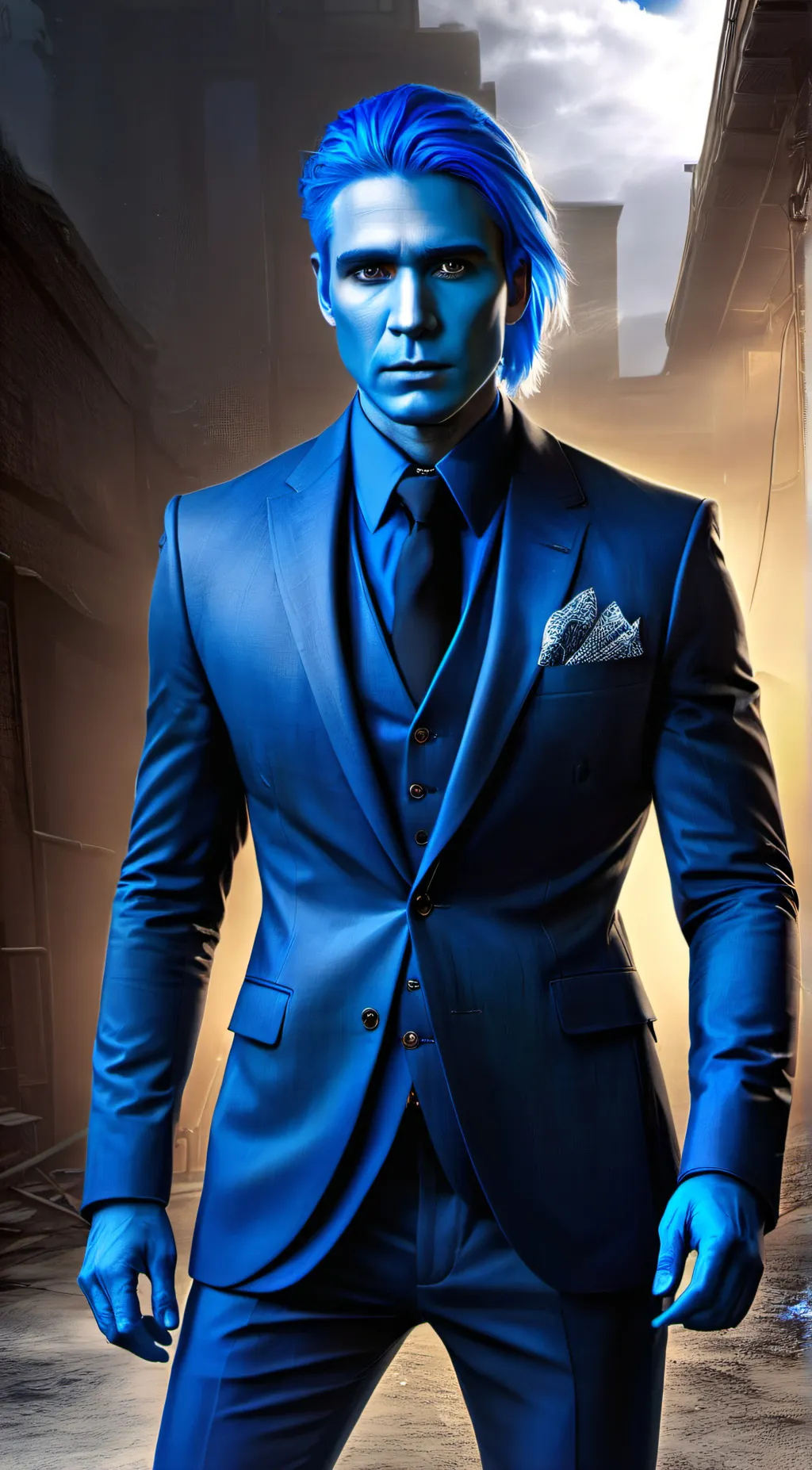 ai character: Blue Man  background