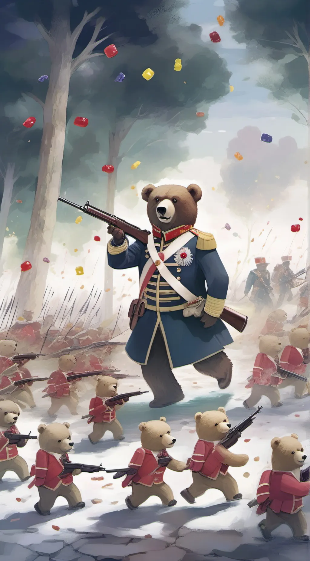 ai character: Gummy, bear army background