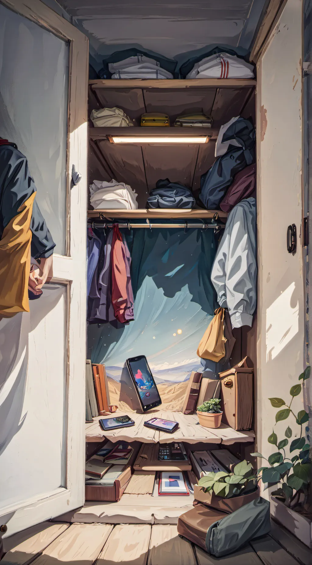 ai character: phone in a closet background