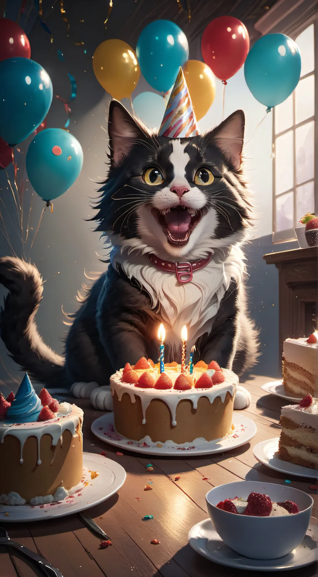 ai character: cat with bday cake background