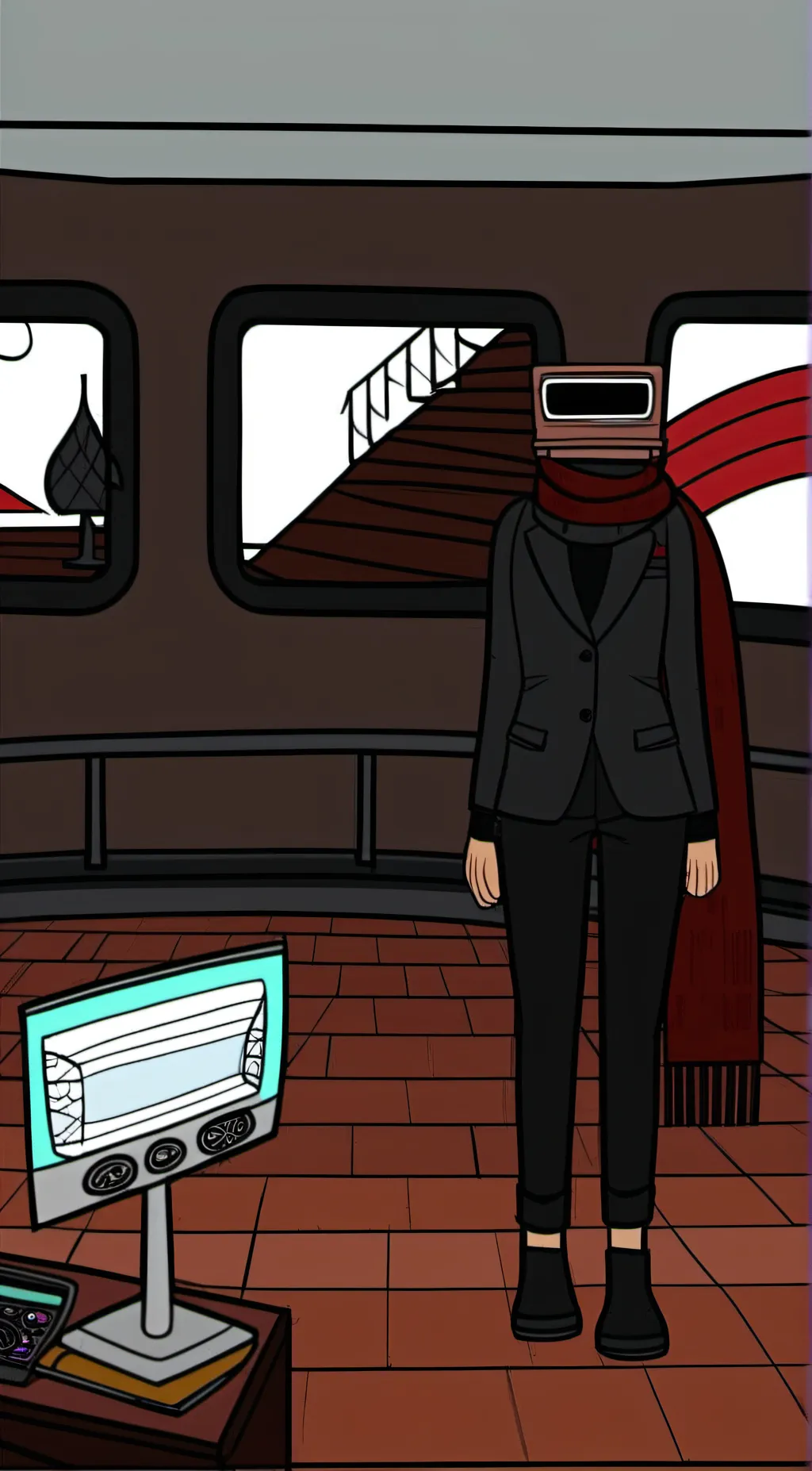 ai character: tv women+brown cam background