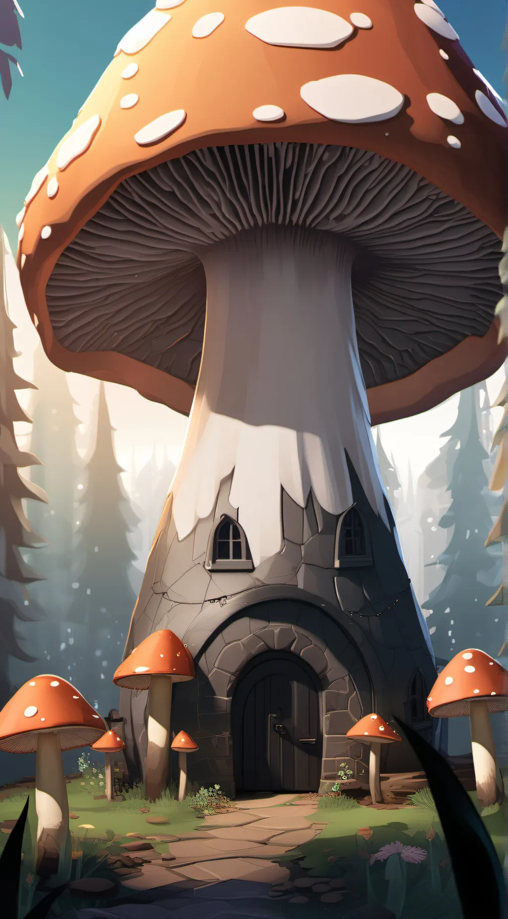 ai character: Mushroom house background
