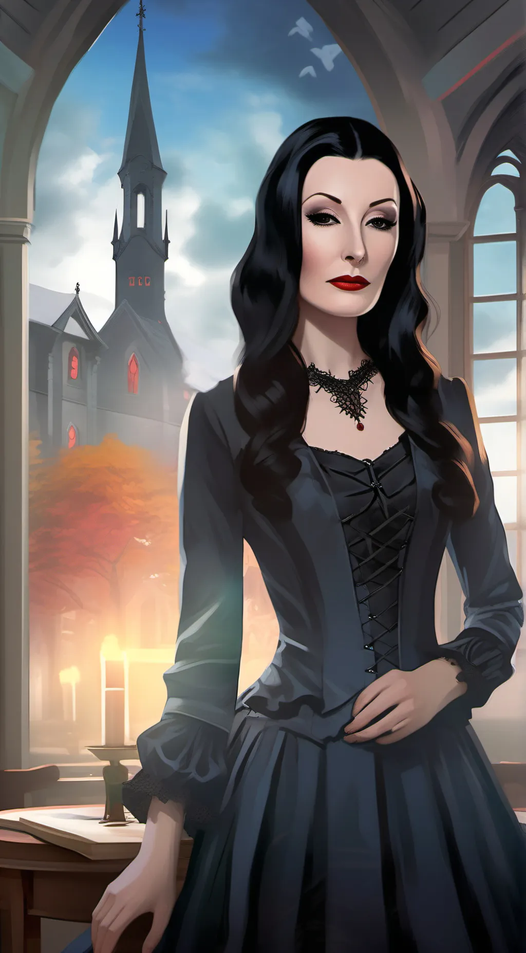 ai character: morticia addams  background