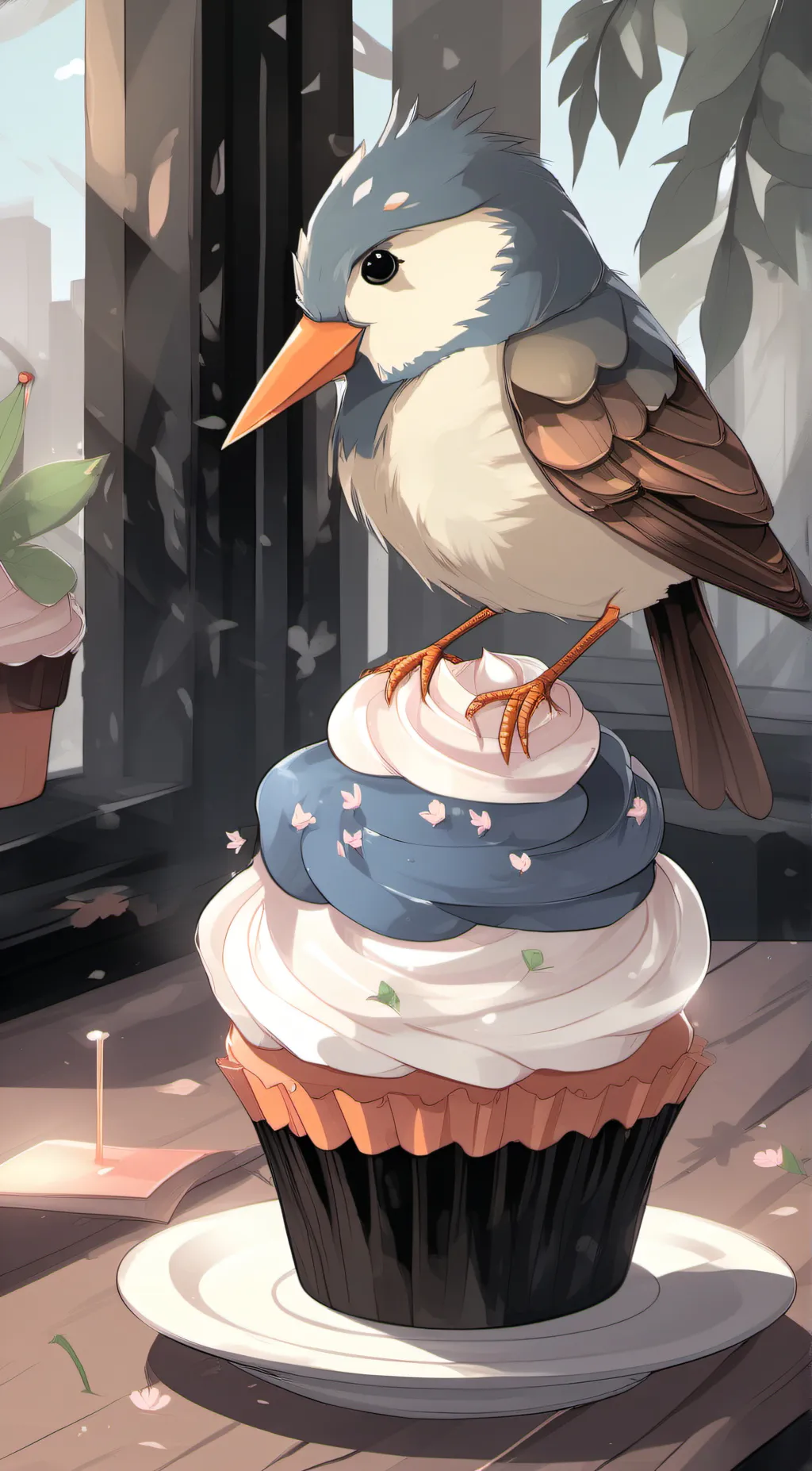 ai character: Bird and cupcake  background