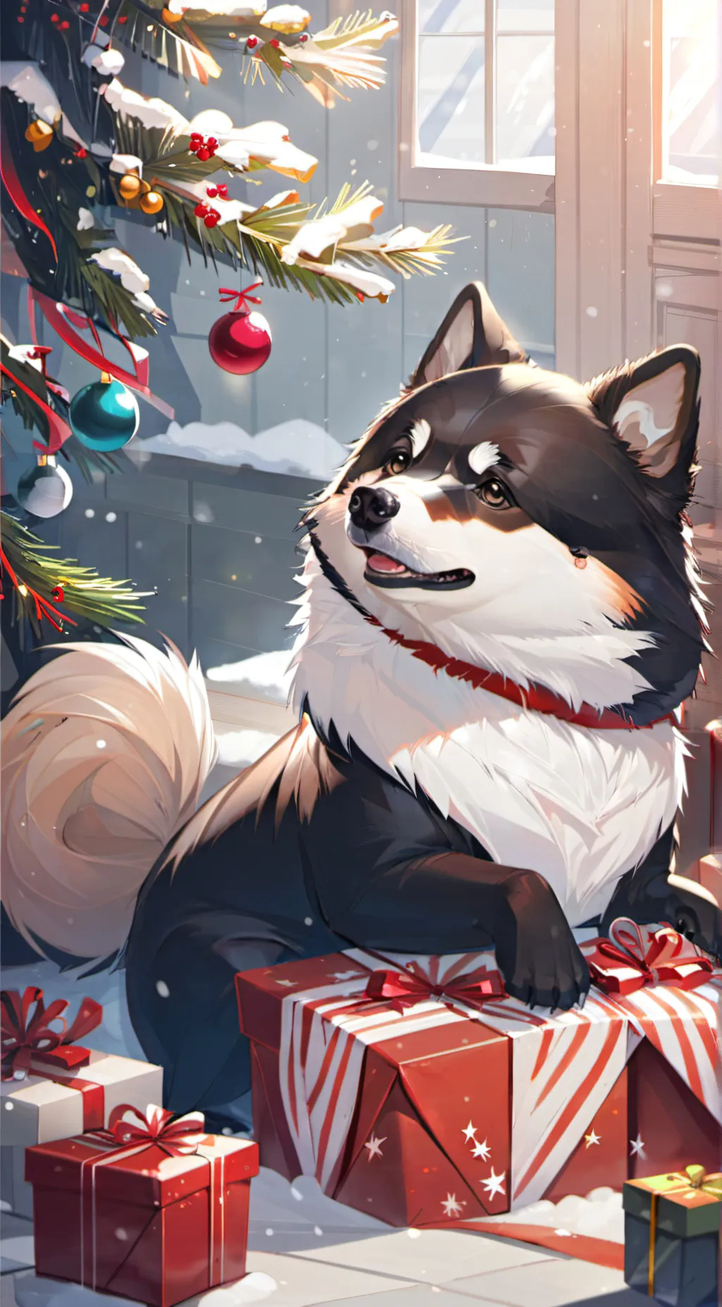 ai character: Christmas husky  background