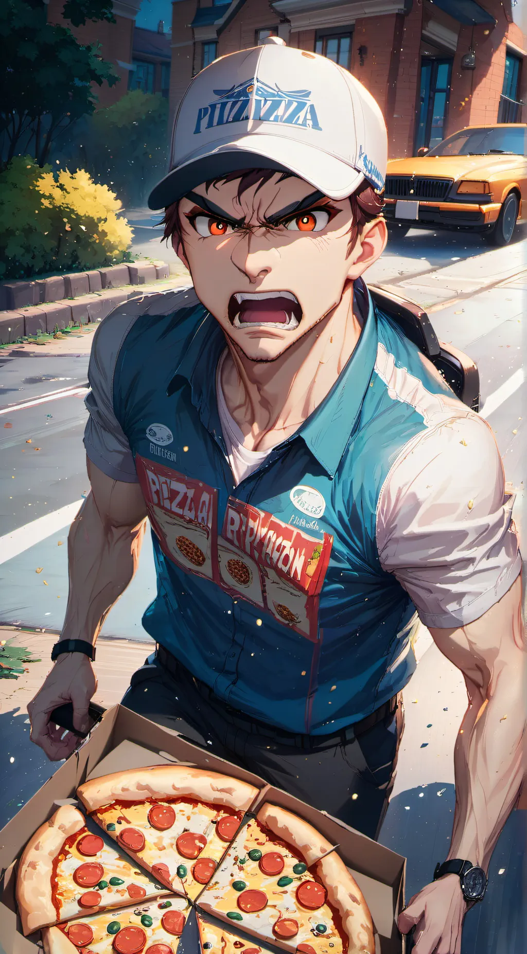 ai character: CRAZY DELIVERY MAN background