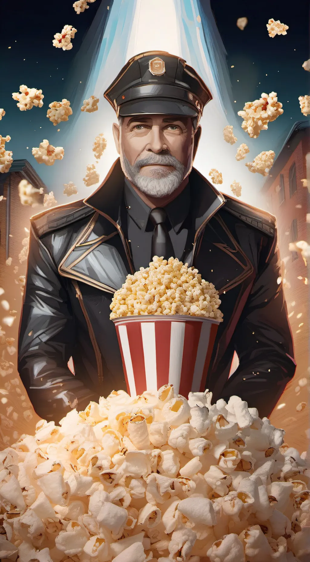 ai character: KING OF POPCORN  background
