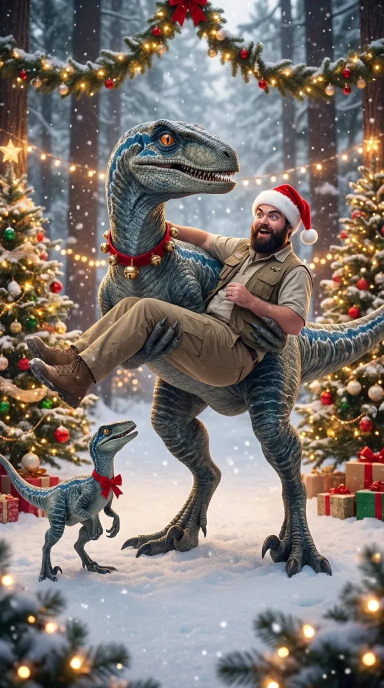 ai character: JURASSIC CHRISTMAS background