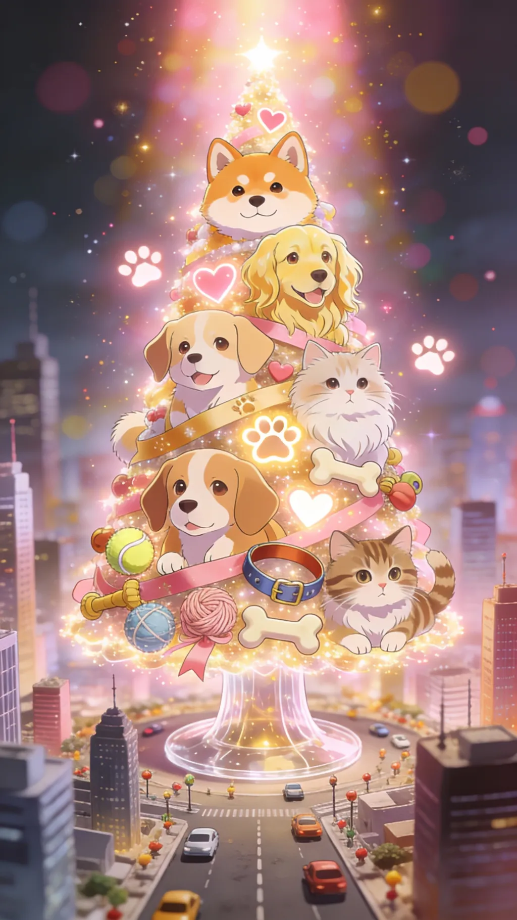 ai character: Paws-mas tree background